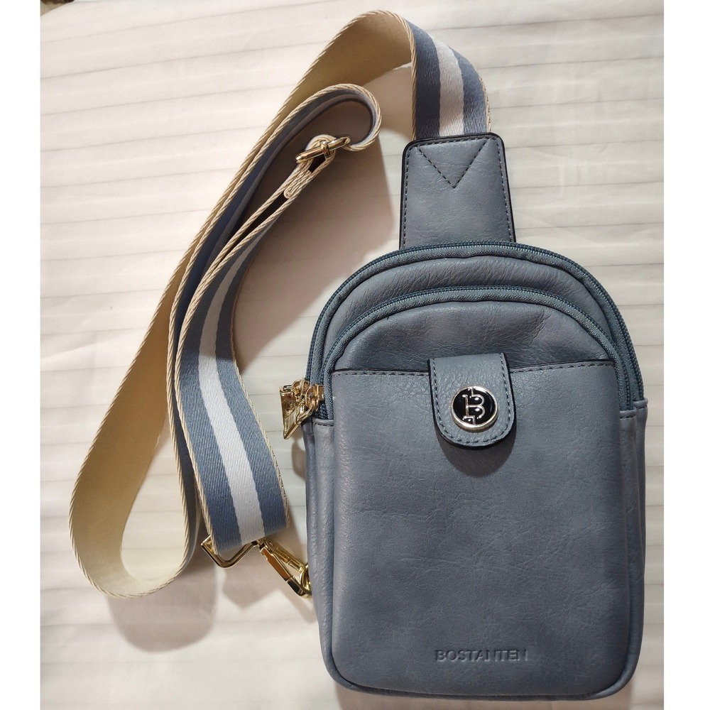 Bostanten Women Light Dusty Blue Faux‎ Leather Sling Chest Bag Crossbody Strap